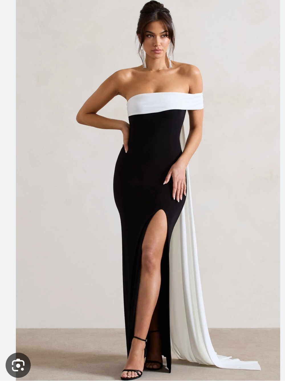 Legacy Black & White Bardot Split Midi Dress Club London